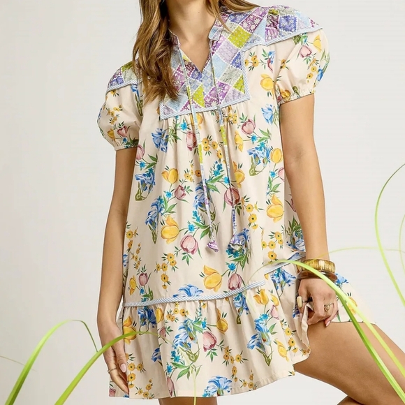 Umgee Dresses & Skirts - Umgee Floral Print Tie Neck Puff Sleeve Dress